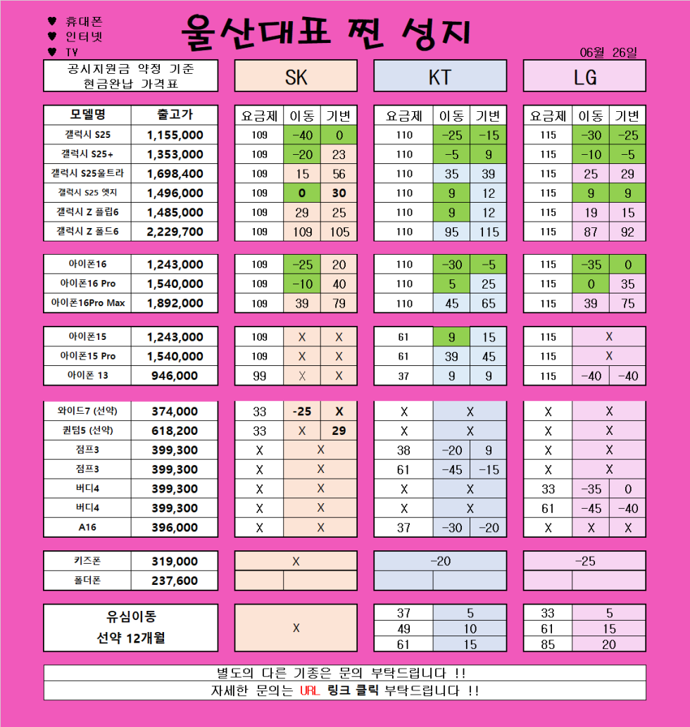 *** 6월 27일 *** 울산 남창 분홍이 특급 시세 // 변하는않는 가격!! 지리는차비!! // 파격조건진행합니다!! // #휴대폰성지 # 울산휴대폰성지 #제일싼집