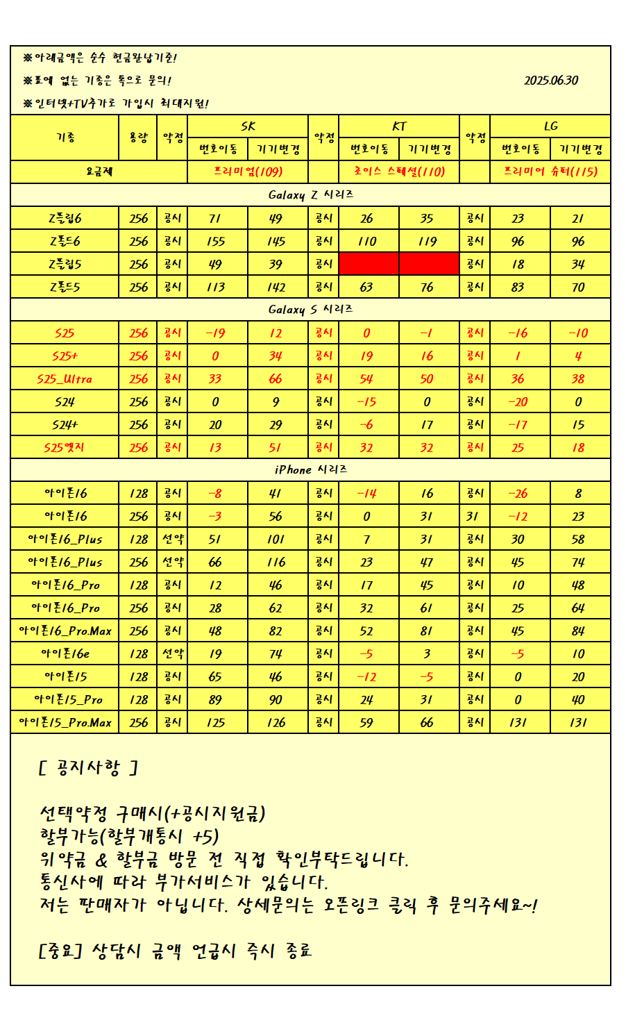 강원특별자치도 원주시 휴대폰 성지 시세표 카드no반납no