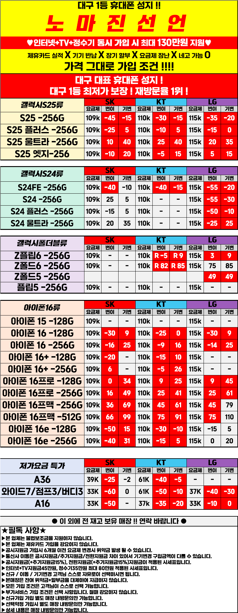 대구 중앙로 직폰동성로점! 7월 06일 시세표 오픈! 차비대란 확실! 시세표그대로 진행하는 믿고 맡길 수 있는 매장!
