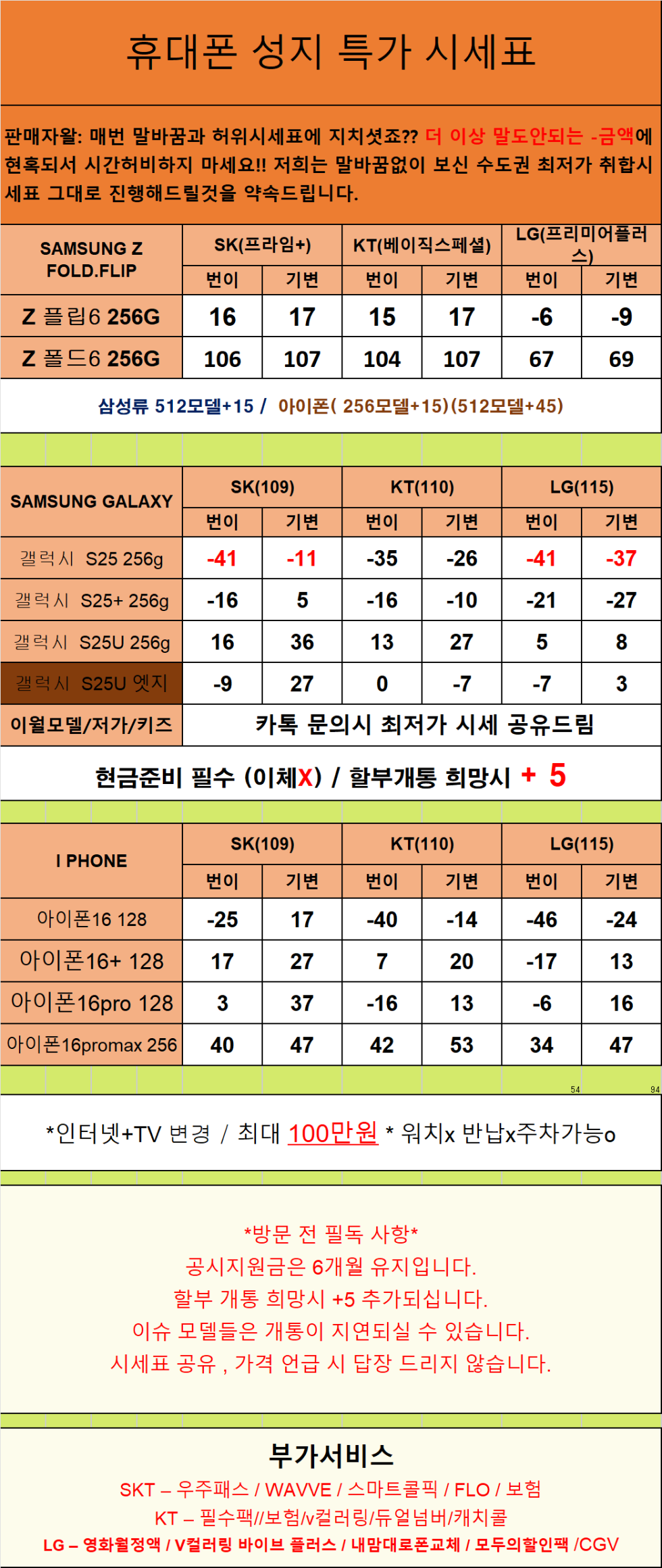 경기도 안산 휴대폰 성지시세표 카드 X 반납 X