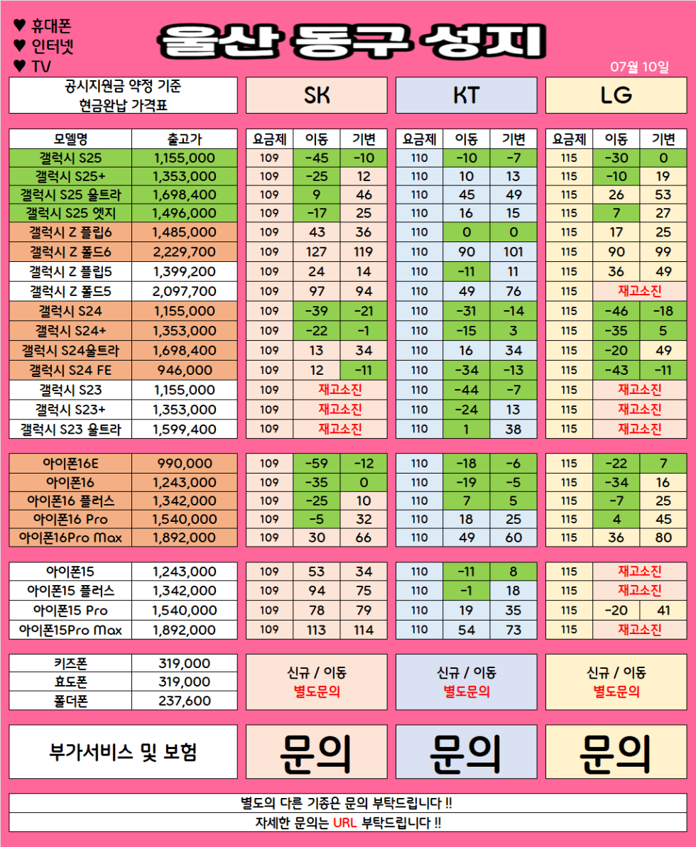 울산 동구 가격으로 승부 보는 휴대폰 맛집 07월09일 시세표 / 부가장난X, 제휴카드X, 잡소리X