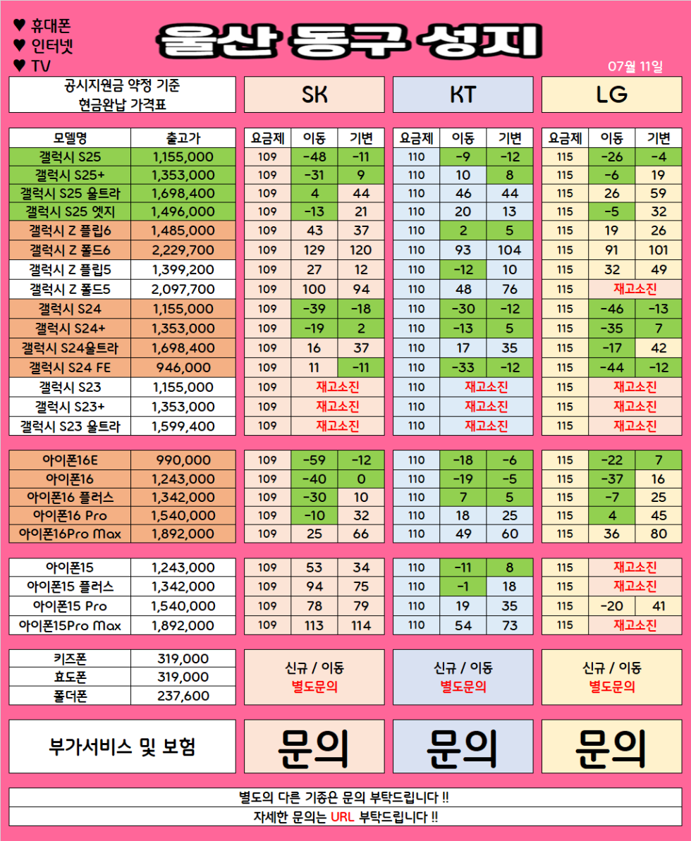 울산 동구 가격으로 승부 보는 휴대폰 맛집 07월11일 시세표 / 부가장난X, 제휴카드X, 잡소리X