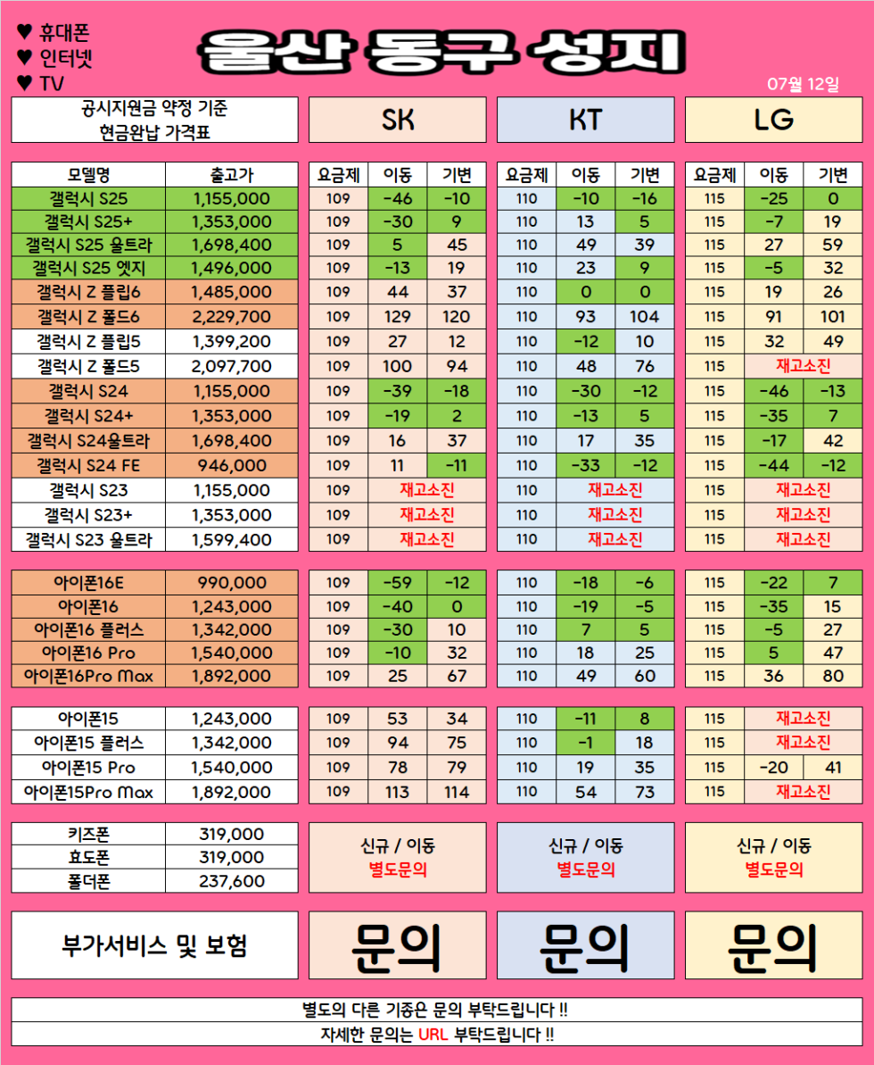 울산 동구 가격으로 승부 보는 휴대폰 맛집 07월13일 시세표 / 부가장난X, 제휴카드X, 잡소리X