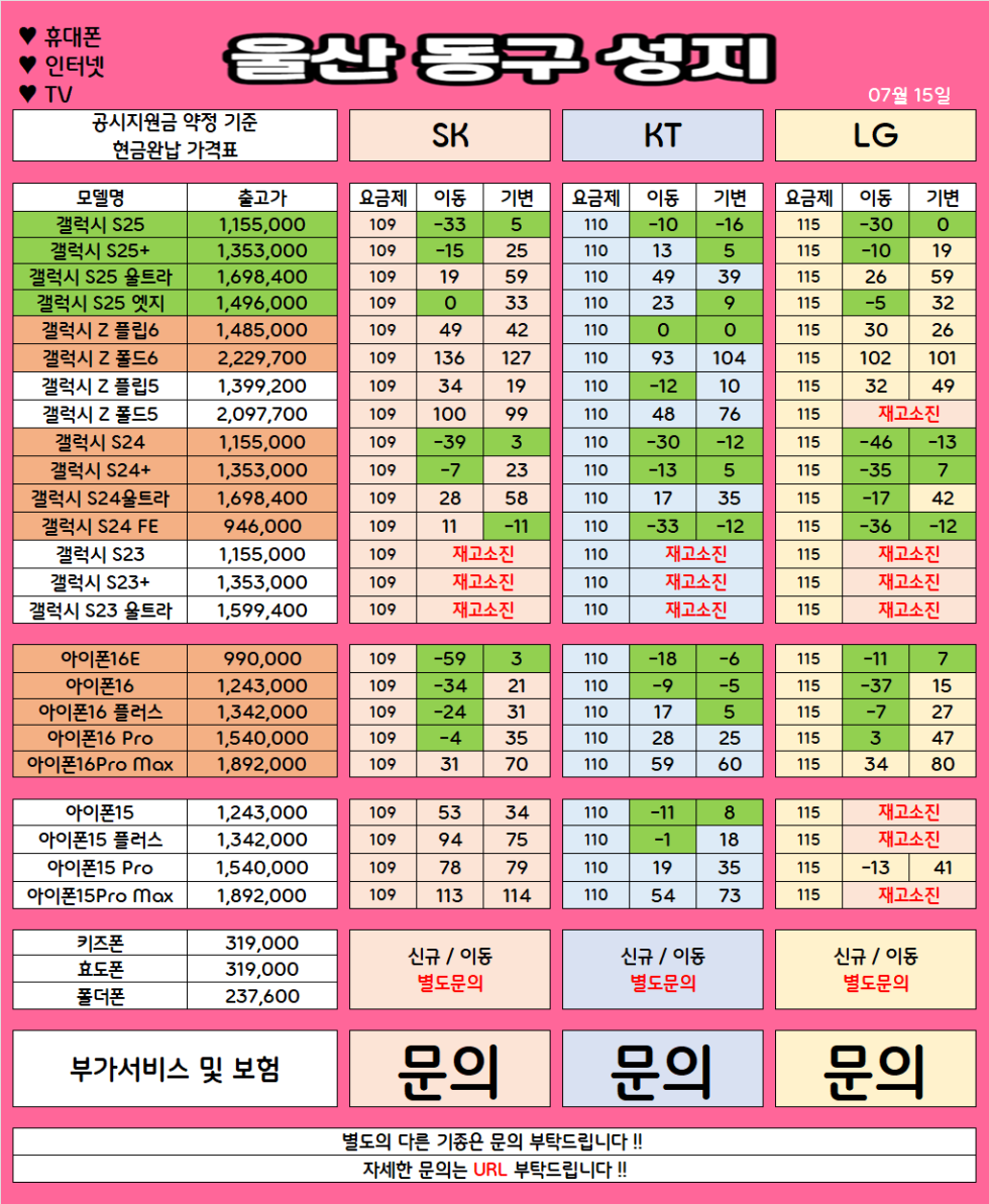 울산 동구 가격으로 승부 보는 휴대폰 맛집 07월15일 시세표 / 부가장난X, 제휴카드X, 잡소리X