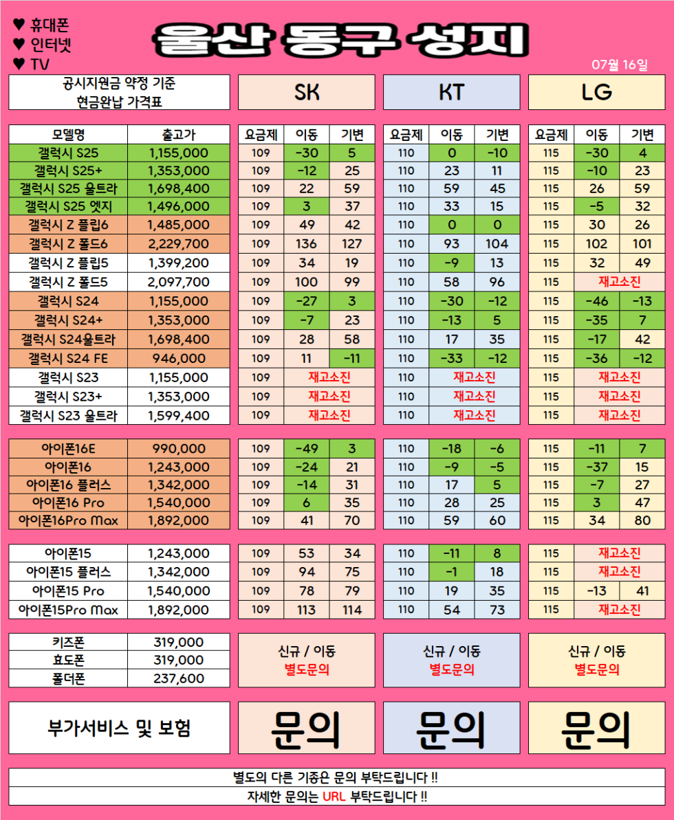 울산 동구 가격으로 승부 보는 휴대폰 맛집 07월16일 시세표 / 부가장난X, 제휴카드X, 잡소리X