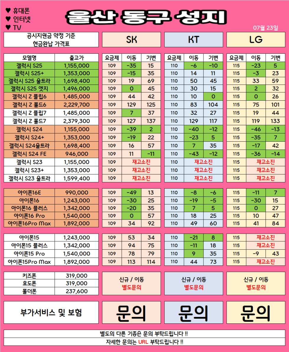 울산 동구 가격으로 승부 보는 휴대폰 맛집 07월23일 시세표 / 부가장난X, 제휴카드X, 잡소리X