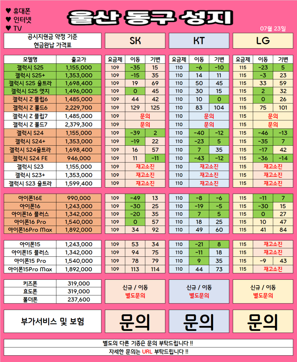 울산 동구 가격으로 승부 보는 휴대폰 맛집 07월23일 시세표 / 부가장난X, 제휴카드X, 잡소리X