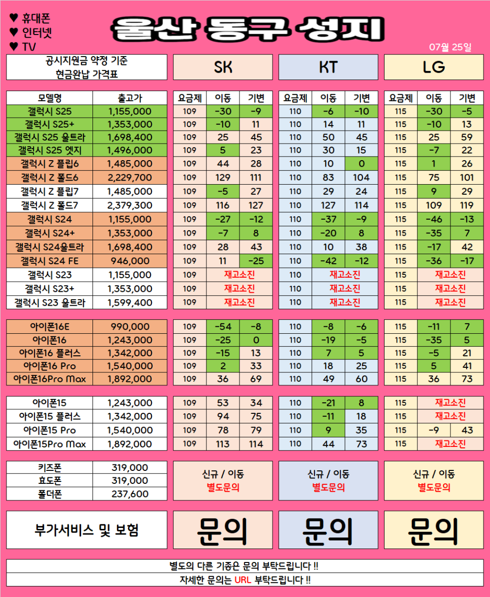울산 동구 가격으로 승부 보는 휴대폰 맛집 07월25일 시세표 / 부가장난X, 제휴카드X, 잡소리X