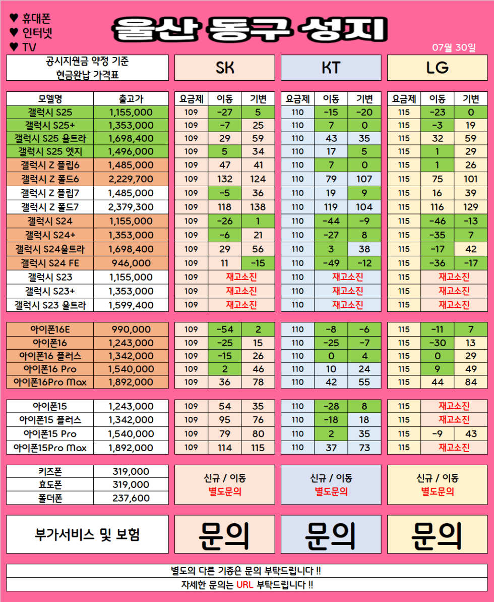 울산 동구 가격으로 승부 보는 휴대폰 맛집 07월30일 시세표 / 부가장난X, 제휴카드X, 잡소리X