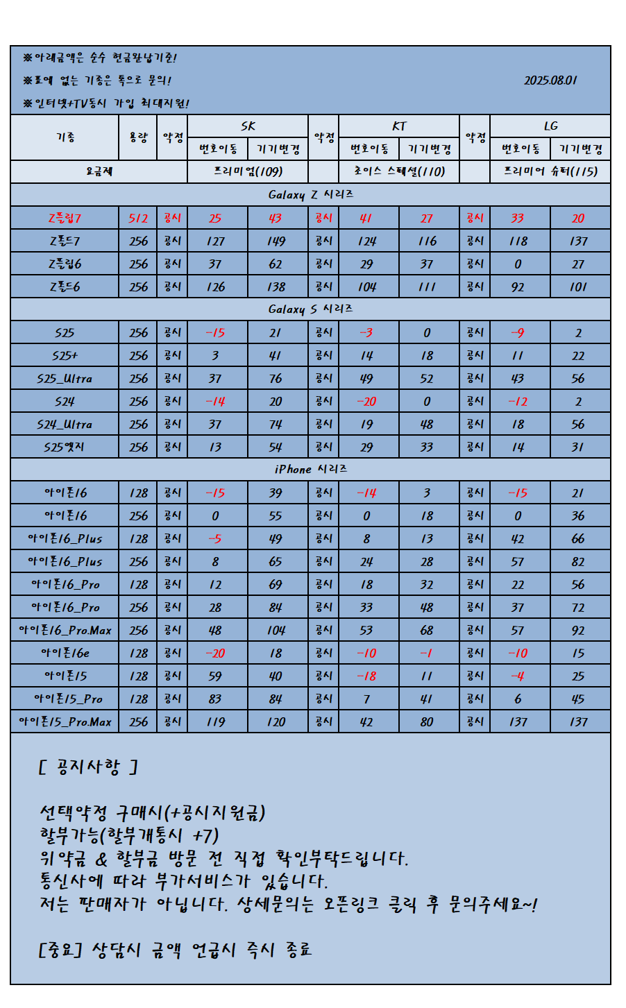 강원특별자치도 원주시 휴대폰 성지 시세표 카드no반납no