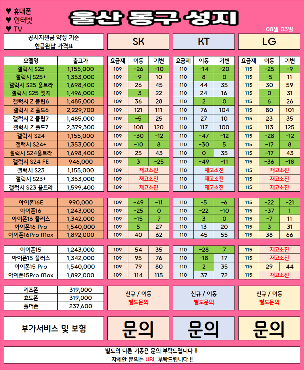 울산 동구 가격으로 승부 보는 휴대폰 맛집 08월03일 시세표 / 부가장난X, 제휴카드X, 잡소리X