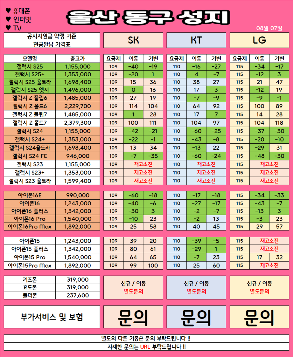 울산 동구 가격으로 승부 보는 휴대폰 맛집 08월07일 시세표 / 부가장난X, 제휴카드X, 잡소리X