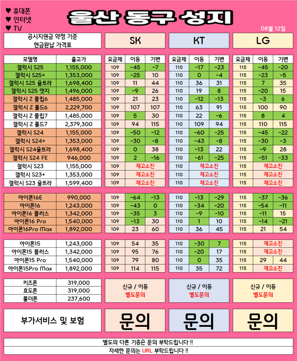 울산 동구 가격으로 승부 보는 휴대폰 맛집 08월12일 시세표 / 부가장난X, 제휴카드X, 잡소리X