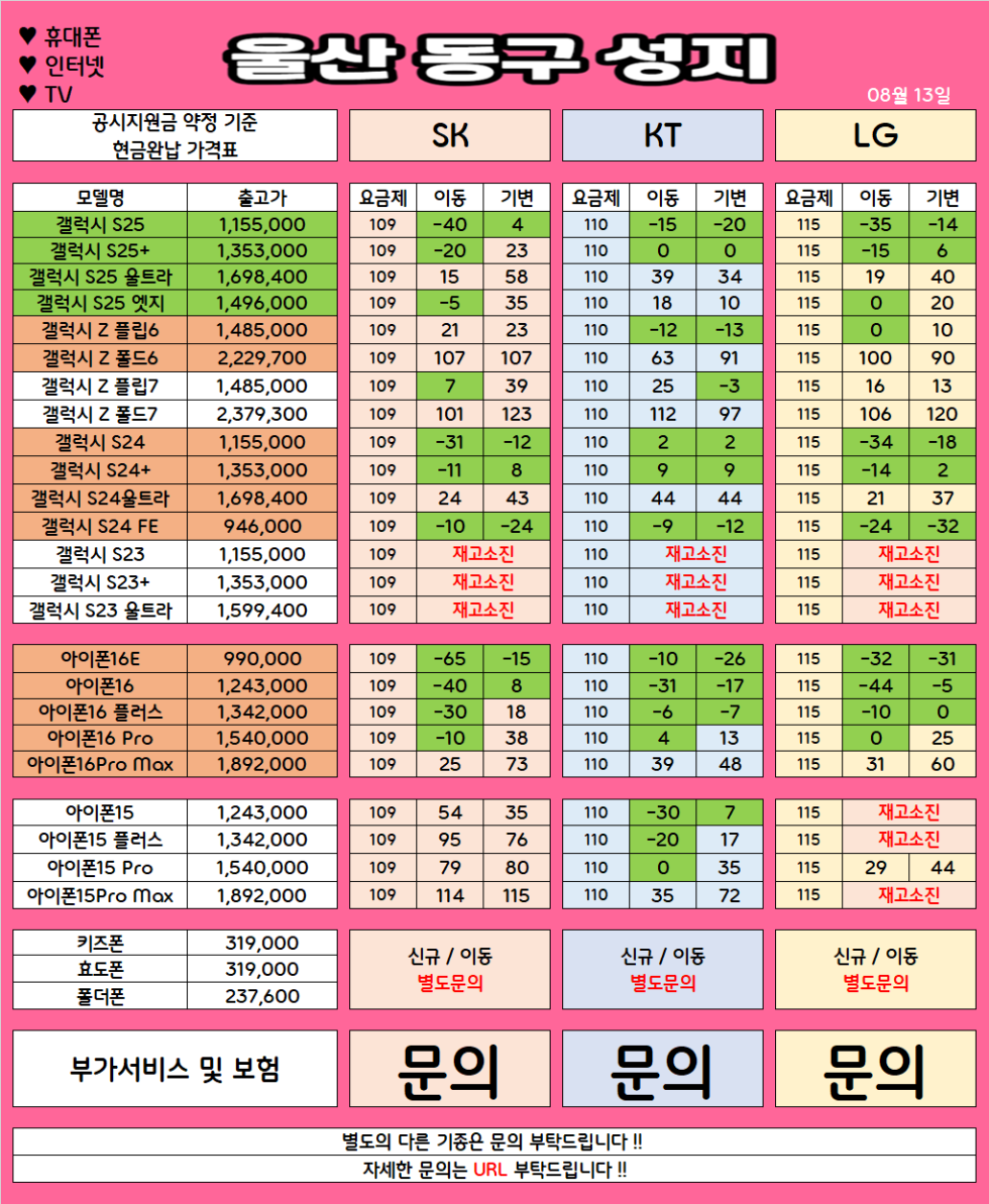 울산 동구 가격으로 승부 보는 휴대폰 맛집 08월12일 시세표 / 부가장난X, 제휴카드X, 잡소리X