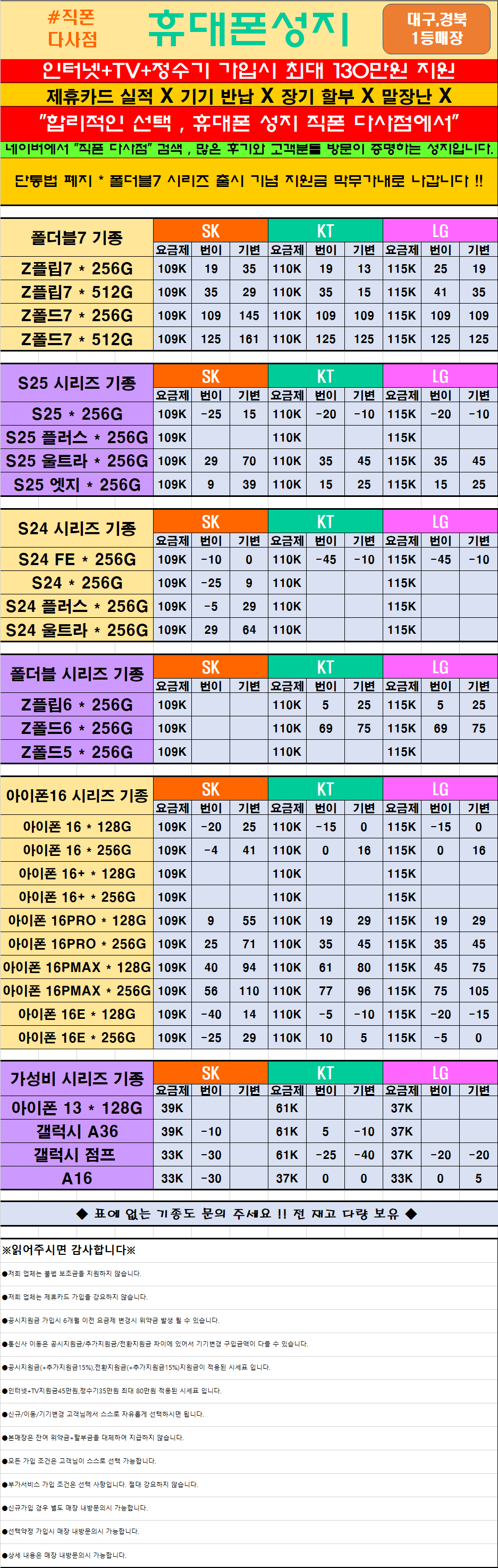 $$대구휴대폰성지$$ [달성군 대실,다사 직폰] *오픈특가* 36개월할부X제휴카드X기기반납X 직폰 다사점