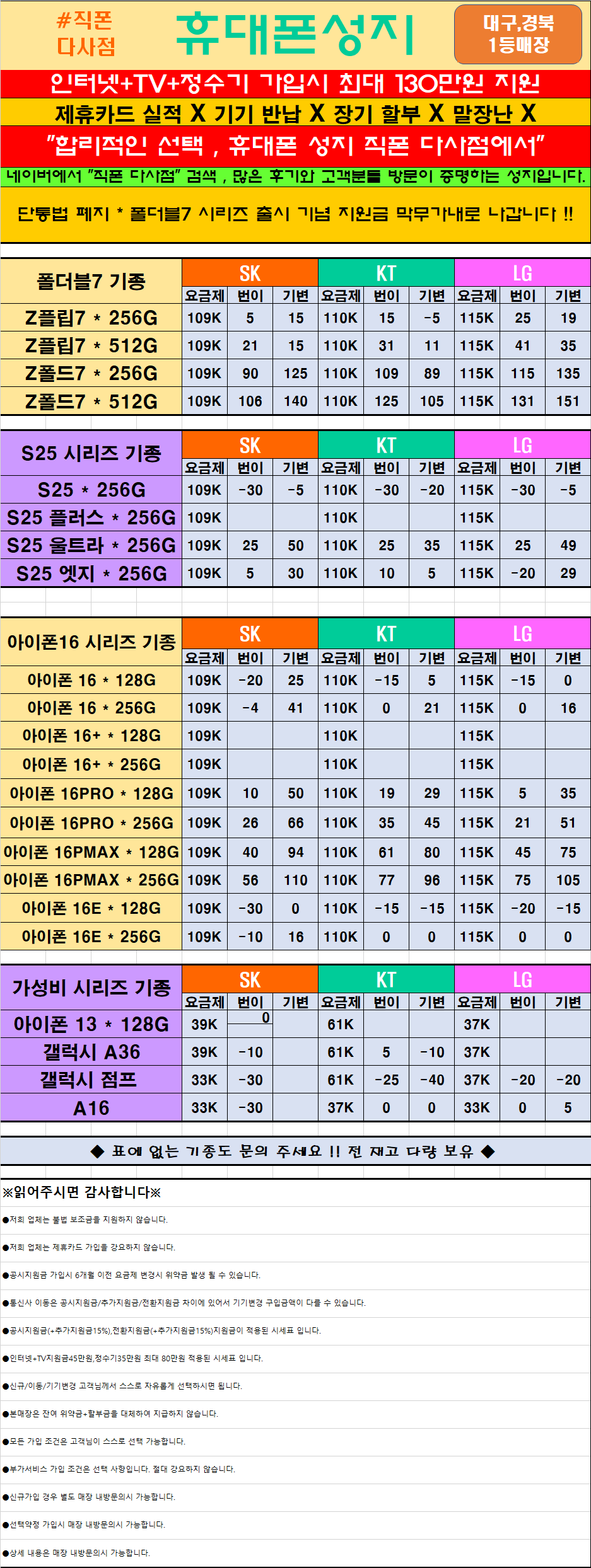 $$대구휴대폰성지$$ [달성군 대실,다사 직폰] *오픈특가* 36개월할부X제휴카드X기기반납X 직폰 다사점
