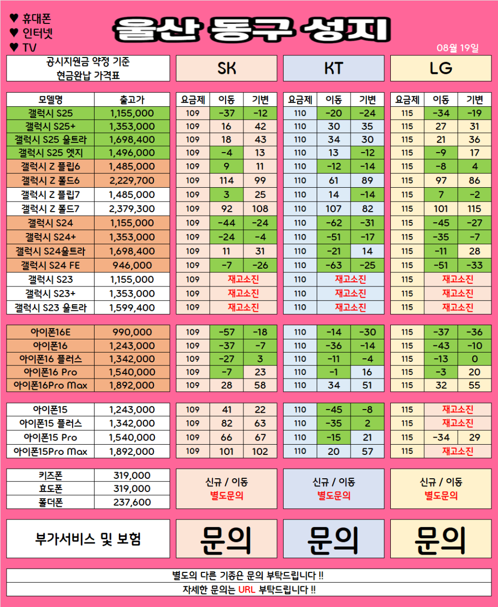 울산 동구 가격으로 승부 보는 휴대폰 맛집 08월19일 시세표 / 부가장난X, 제휴카드X, 잡소리X