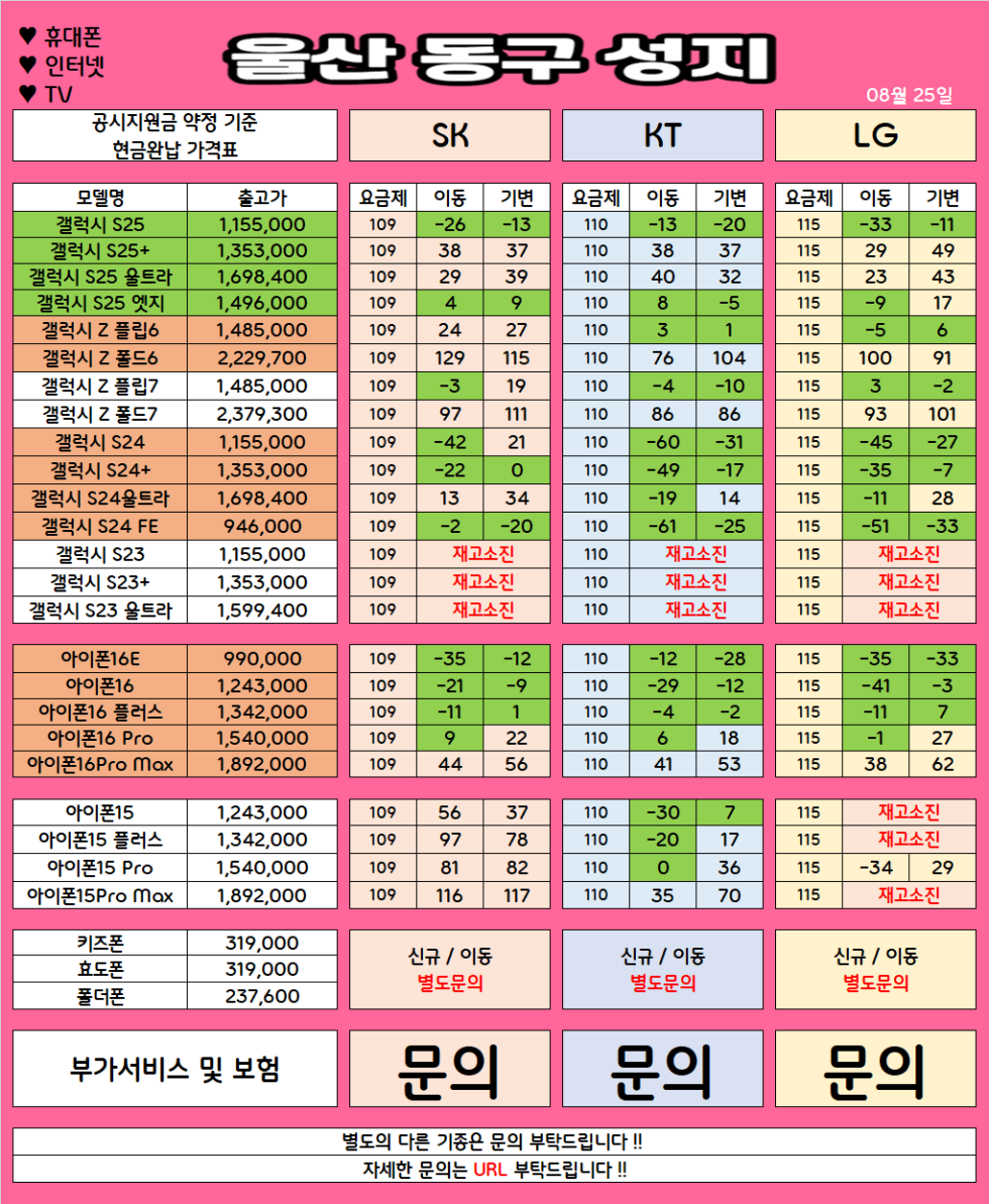 울산 동구 가격으로 승부 보는 휴대폰 맛집 08월25일 시세표 / 부가장난X, 제휴카드X, 잡소리X