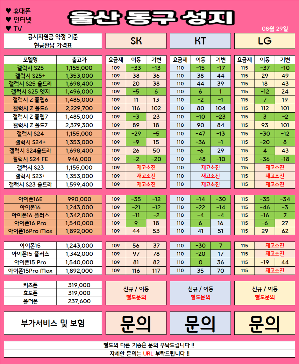 울산 동구 가격으로 승부 보는 휴대폰 맛집 08월29일 시세표 / 부가장난X, 제휴카드X, 잡소리X