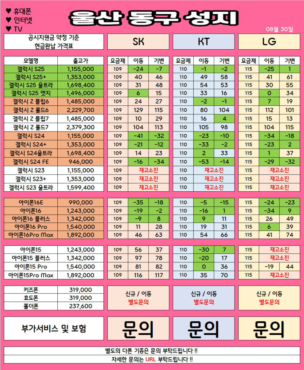 울산 동구 가격으로 승부 보는 휴대폰 맛집 08월30일 시세표 / 부가장난X, 제휴카드X, 잡소리X