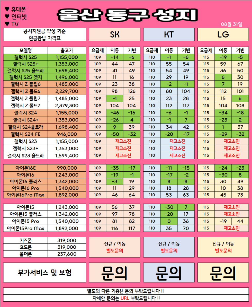 울산 동구 가격으로 승부 보는 휴대폰 맛집 08월31일 시세표 / 부가장난X, 제휴카드X, 잡소리X