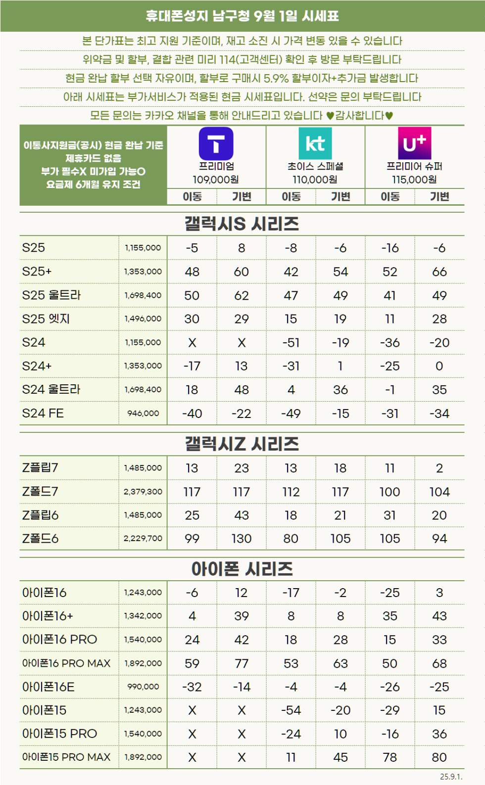 [울산] "진짜 휴대폰성지"남구청 9월1일 시세표 제휴카드X폰반납X인터넷가입X 시세그대로보세요