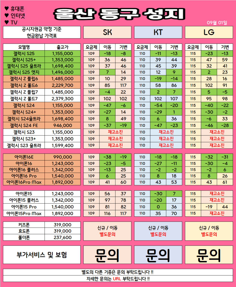 울산 동구 가격으로 승부 보는 휴대폰 맛집 09월1일 시세표 / 부가장난X, 제휴카드X, 잡소리X