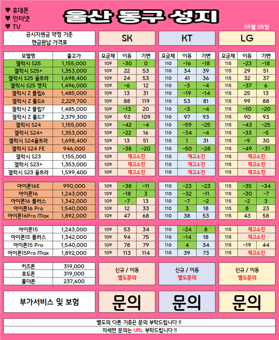울산 동구 가격으로 승부 보는 휴대폰 맛집 09월5일 시세표 / 부가장난X, 제휴카드X, 잡소리X
