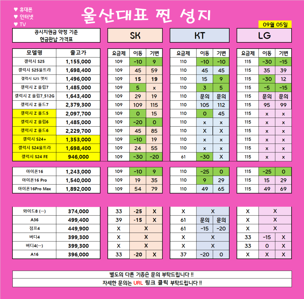 *** 9월 6일 *** 울산 남창 분홍이 특급 시세 // 변하는않는 가격!! 지리는차비!! // 파격조건진행합니다!! // #휴대폰성지 # 울산휴대폰성지 #제일싼집
