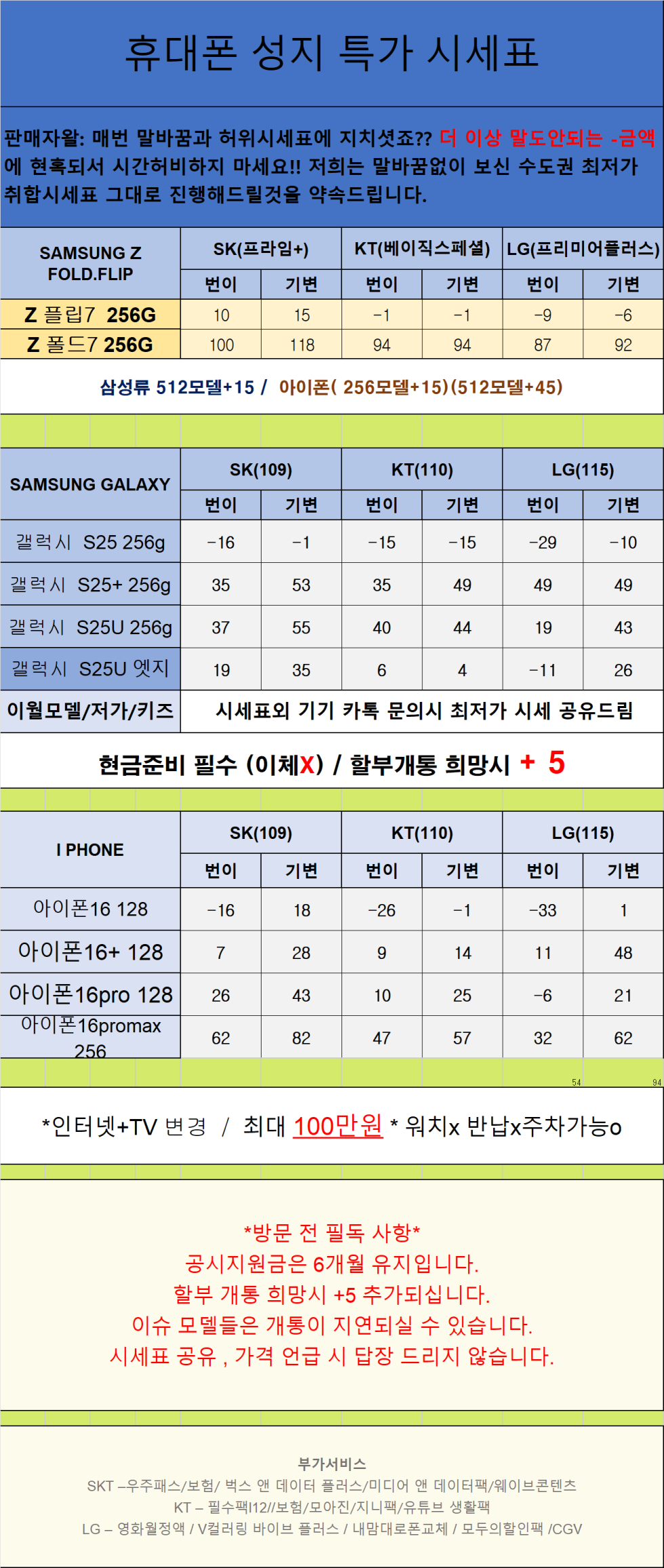 경기도 안산 휴대폰 성지시세표 카드 X 반납 X