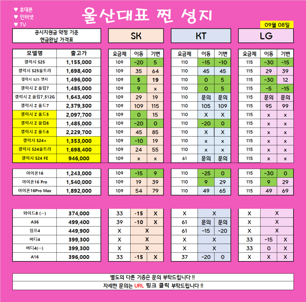 *** 9월 9일 *** 울산 남창 분홍이 특급 시세 // 변하는않는 가격!! 지리는차비!! // 파격조건진행합니다!! // #휴대폰성지 # 울산휴대폰성지 #제일싼집