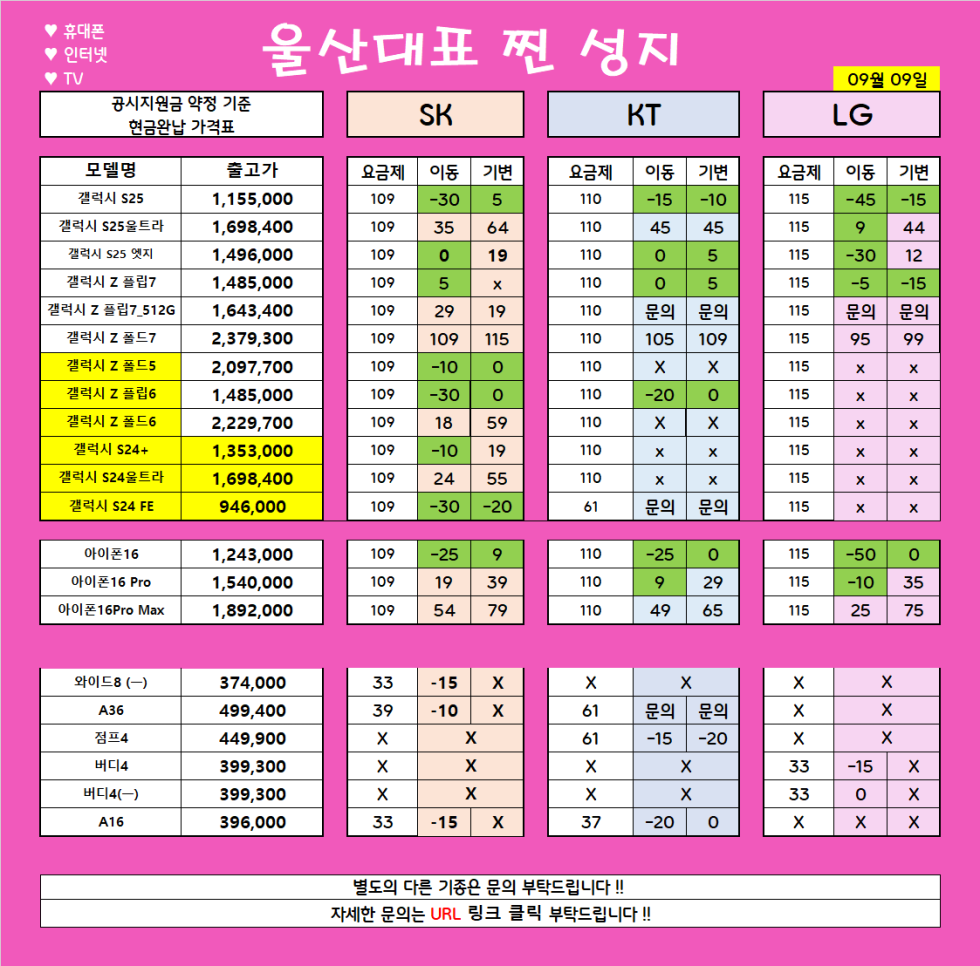 *** 9월 10일 *** 울산 남창 분홍이 특급 시세 // 변하는않는 가격!! 지리는차비!! // 파격조건진행합니다!! // #휴대폰성지 # 울산휴대폰성지 #제일싼집