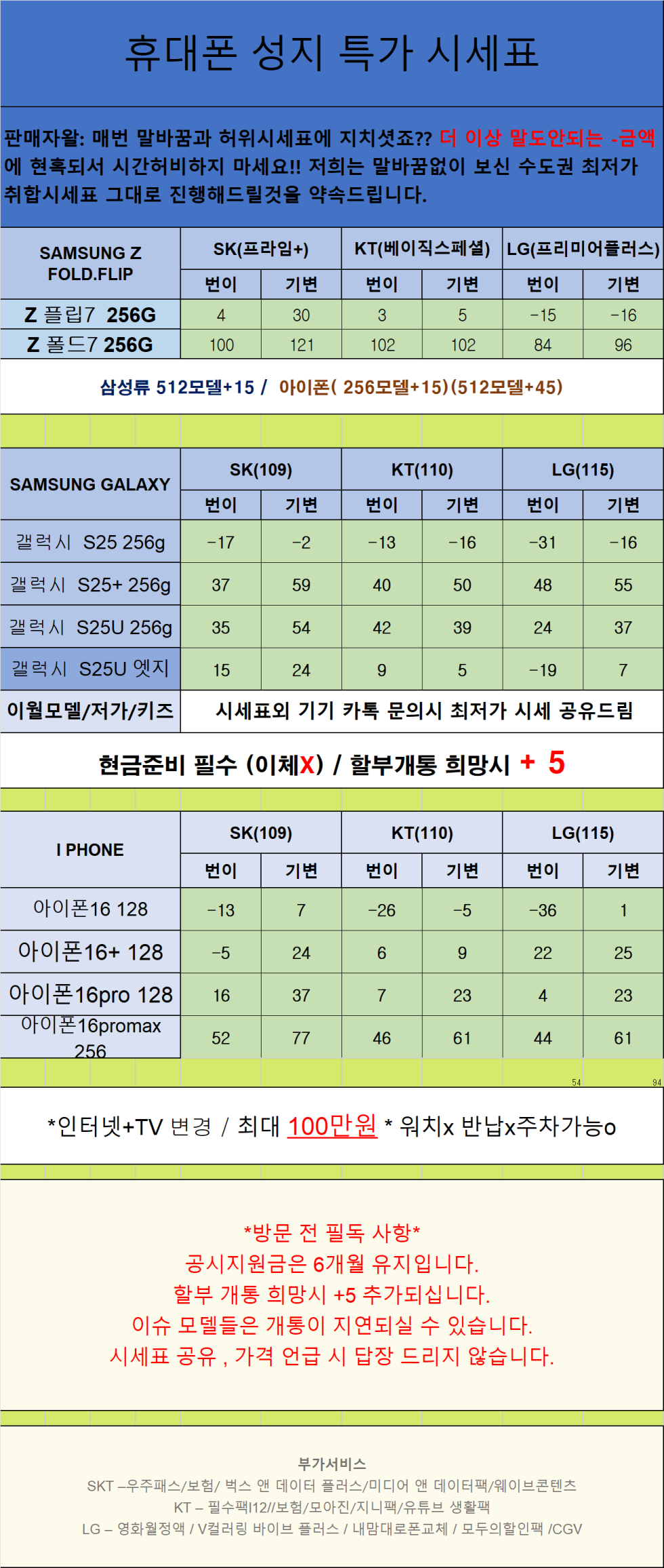경기도 안산 휴대폰 성지시세표 카드 X 반납 X