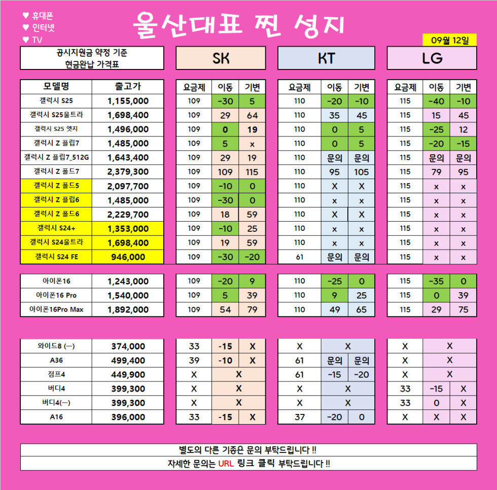 *** 9월 12일 *** 울산 남창 분홍이 특급 시세 // 변하는않는 가격!! 지리는차비!! // 파격조건진행합니다!! // #휴대폰성지 # 울산휴대폰성지 #제일싼집