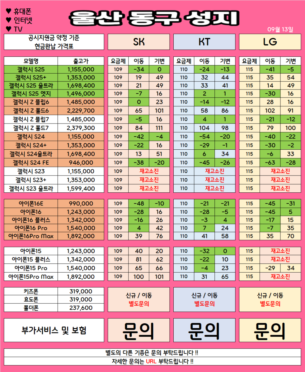 울산 동구 가격으로 승부 보는 휴대폰 맛집 09월14일 시세표 / 부가장난X, 제휴카드X, 잡소리X