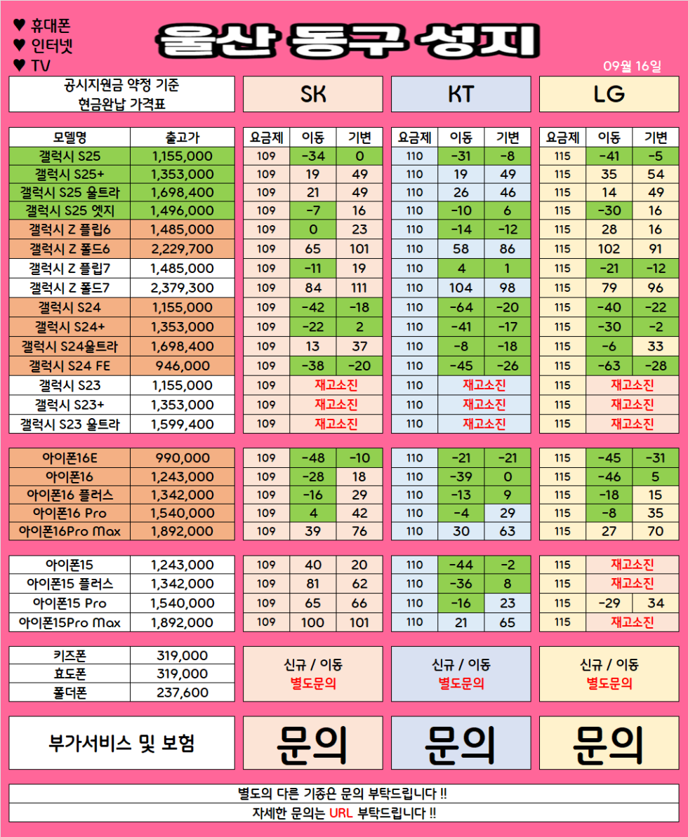울산 동구 가격으로 승부 보는 휴대폰 맛집 09월16일 시세표 / 부가장난X, 제휴카드X, 잡소리X