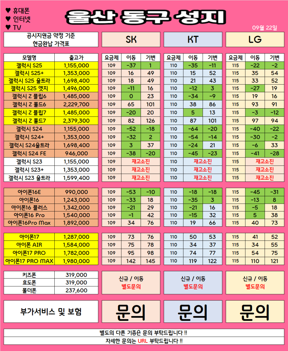 울산 동구 가격으로 승부 보는 휴대폰 맛집 09월22일 시세표 / 부가장난X, 제휴카드X, 잡소리X