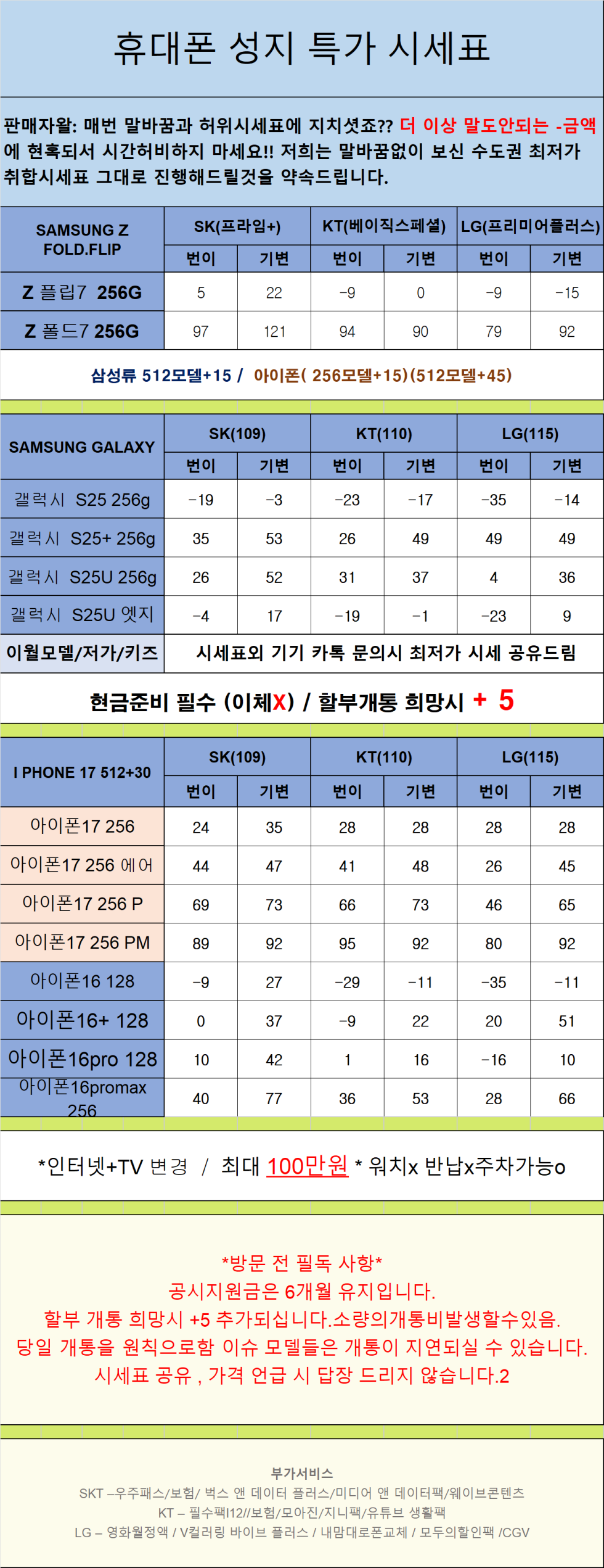경기도 안산 휴대폰 성지시세표 카드 X 반납 X