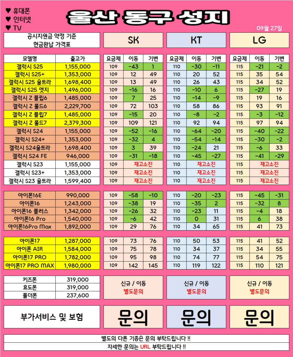 울산 동구 가격으로 승부 보는 휴대폰 맛집 09월27일 시세표 / 부가장난X, 제휴카드X, 잡소리X