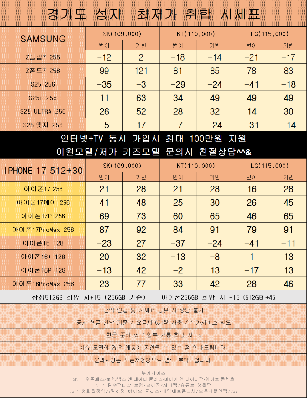 경기도 오산시 휴대폰성지 시세표 카드x반납x