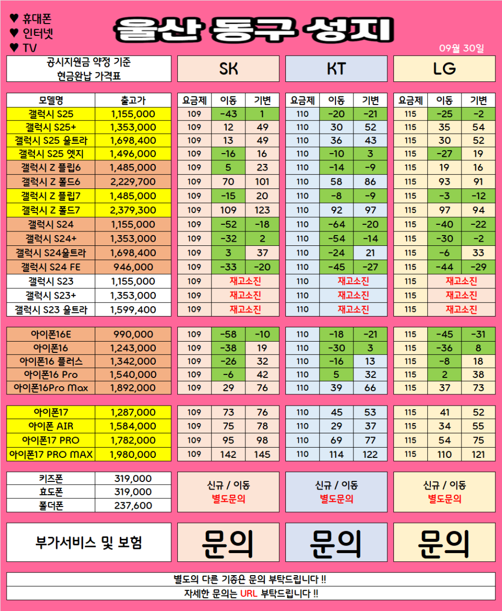 울산 동구 가격으로 승부 보는 휴대폰 맛집 09월30일 시세표 / 부가장난X, 제휴카드X, 잡소리X
