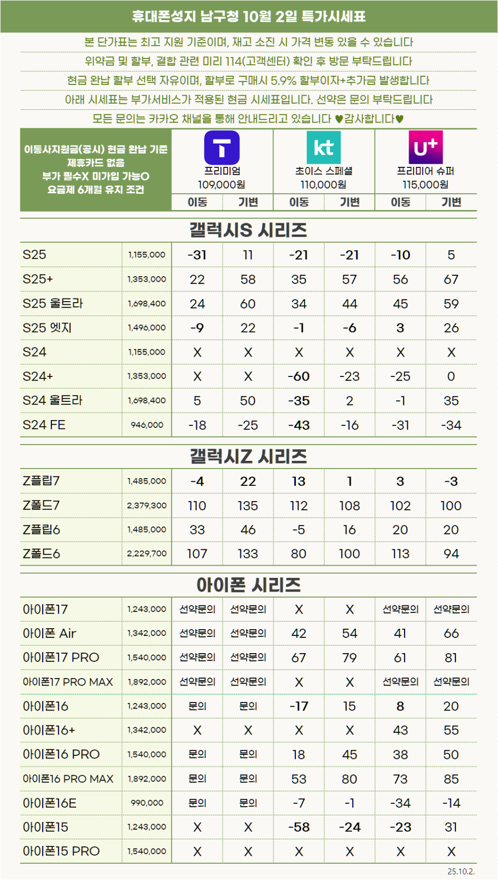 [울산] "진짜 휴대폰성지"남구청 10월2일 시세표 제휴카드X폰반납X인터넷가입X 시세그대로보세요