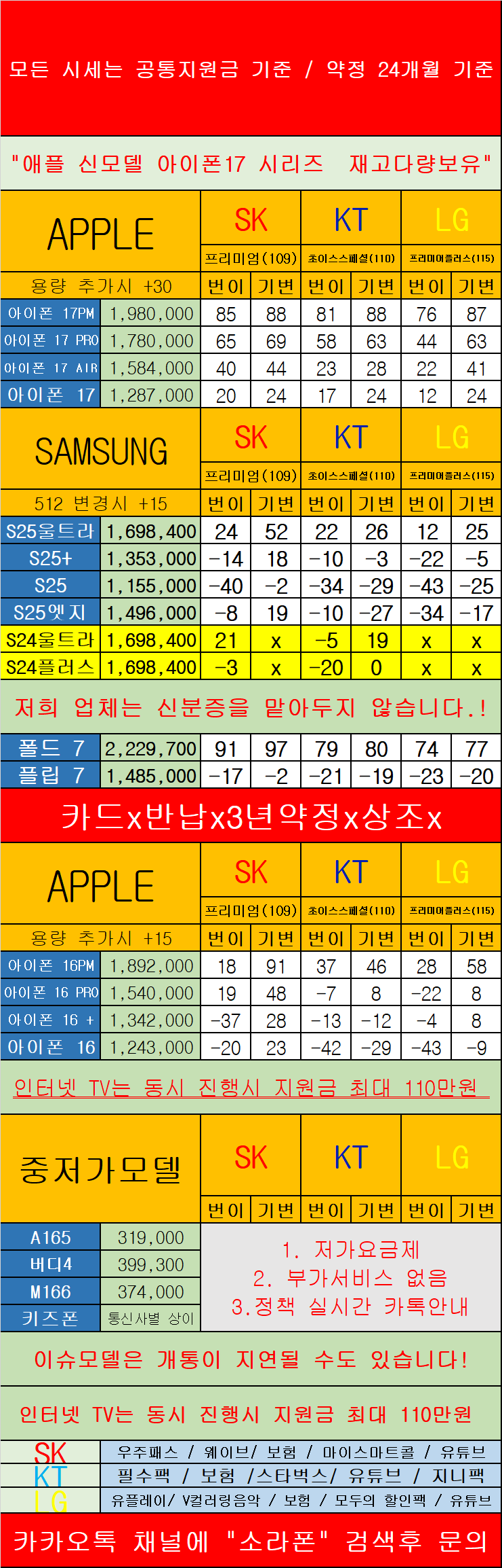 경기 의정부 휴대폰 성지 시세표 카드X 반납X