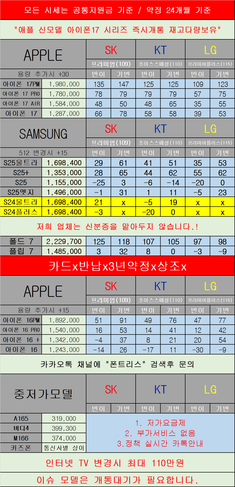 경기 의정부 휴대폰 성지 시세표 카드X 반납X