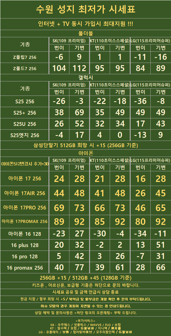 경기도 수원 1등 성지 시세표 (카드X , 반납X)