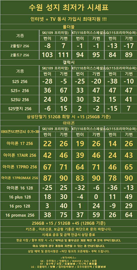 경기도 수원 1등 성지 시세표 (카드X , 반납X)