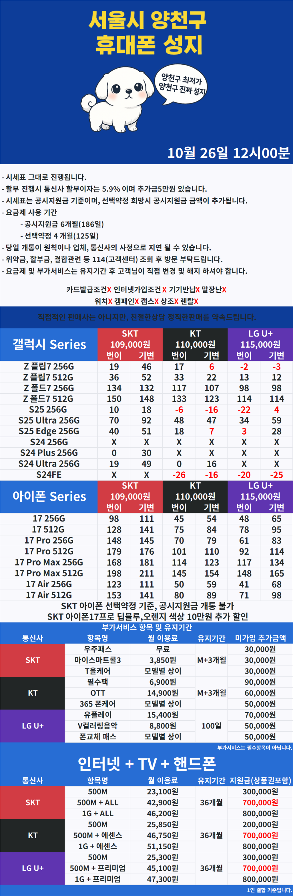[양천구] 서울시 양천구 휴대폰성지 시세표(10월 26일)