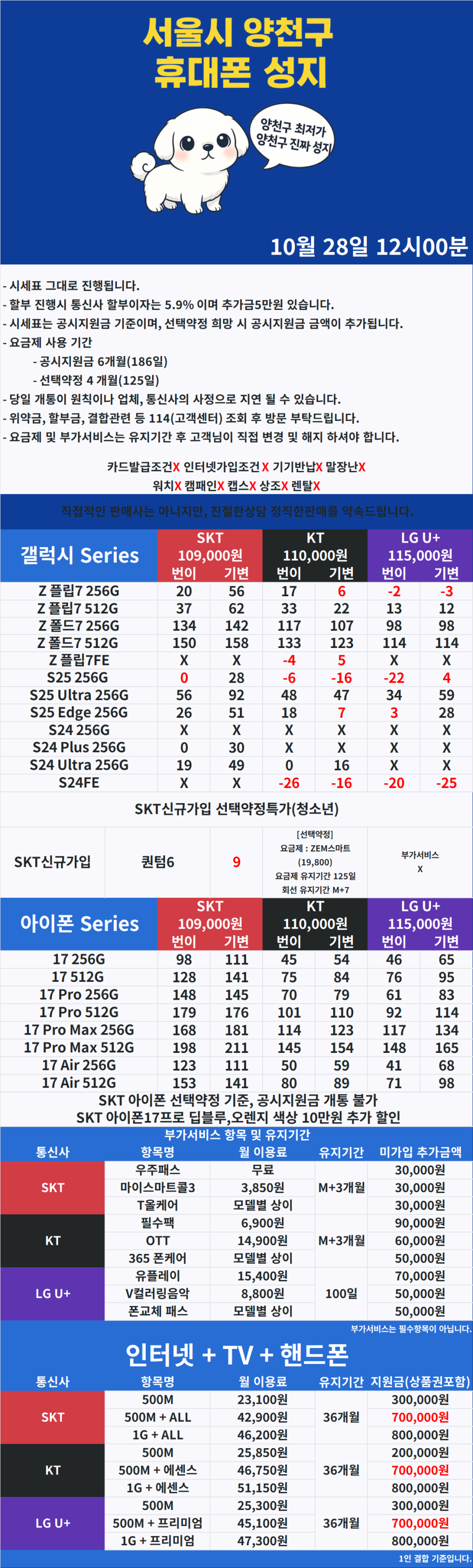 [양천구] 서울시 양천구 휴대폰성지 시세표 (10월 28일)
