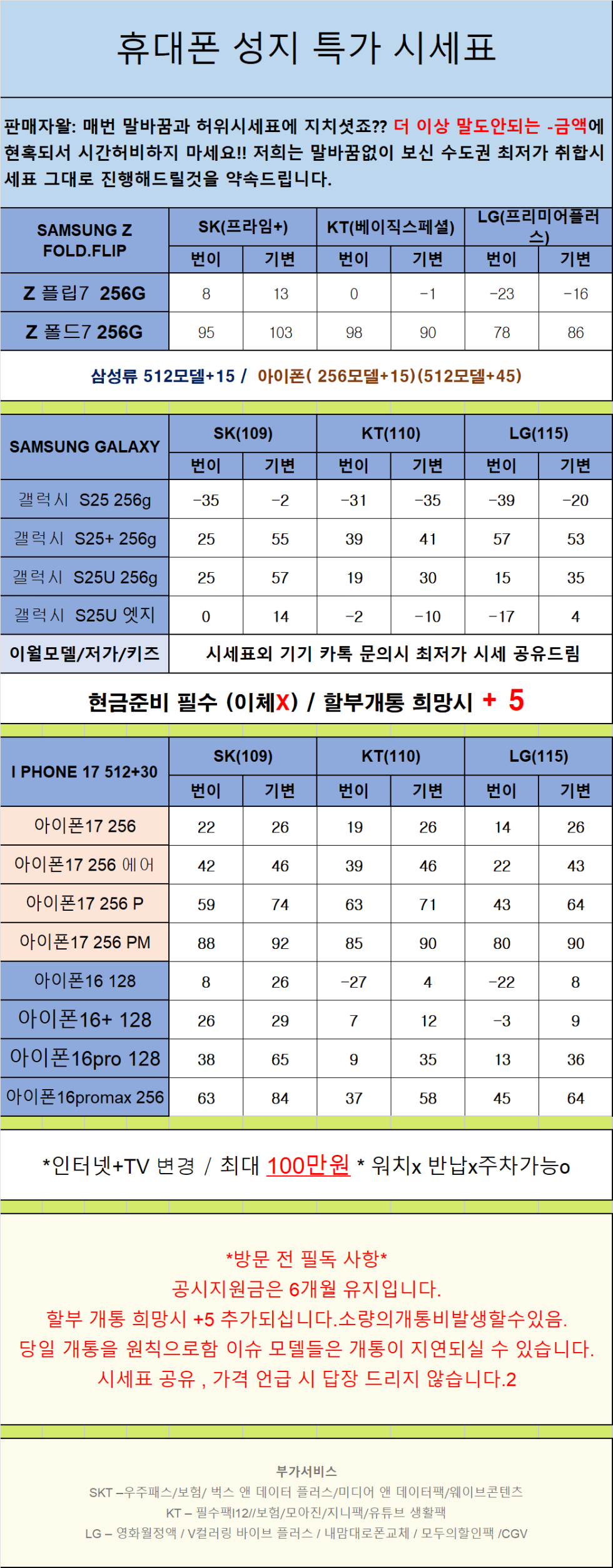 경기도 안산 휴대폰 성지시세표 카드 X 반납 X