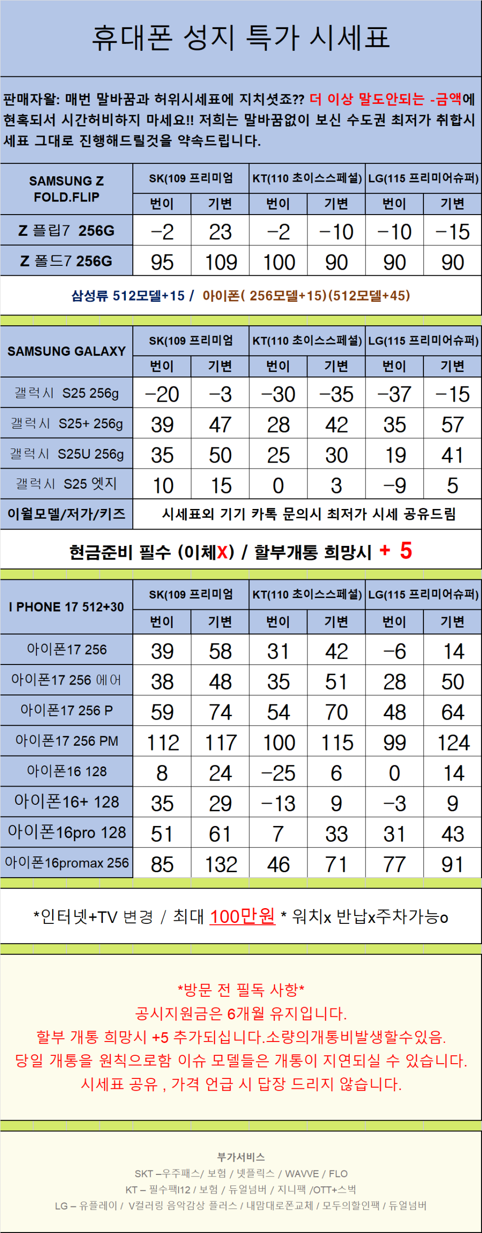경기도 안산 휴대폰 성지시세표 카드 X 반납X